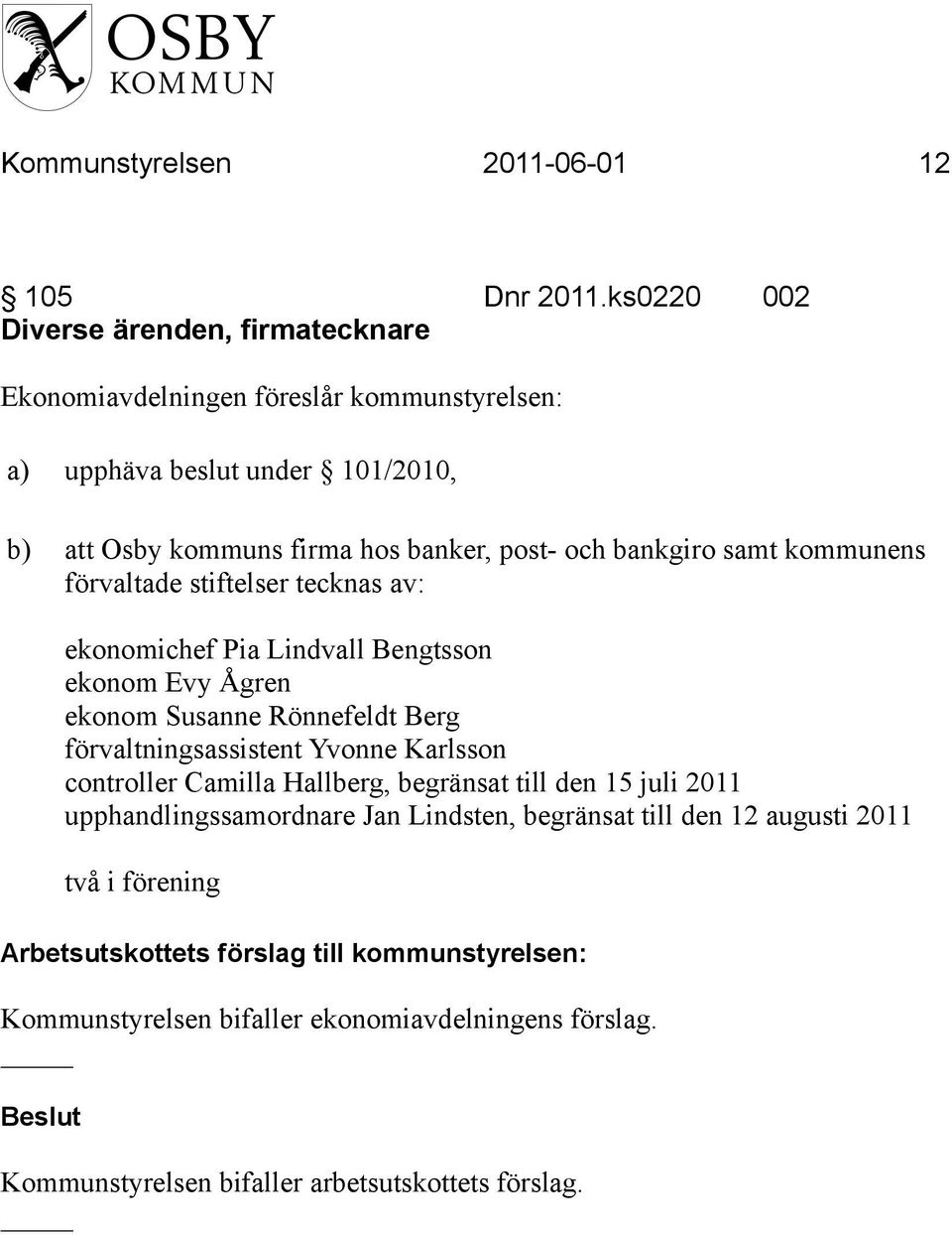 post- och bankgiro samt kommunens förvaltade stiftelser tecknas av: ekonomichef Pia Lindvall Bengtsson ekonom Evy Ågren ekonom Susanne Rönnefeldt Berg