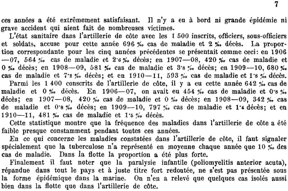 La proportion correspondante pour les cinq années précédentes se présentait comme ceci: en 1906 07, 564 %«cas de maladie et 2-6^» décés; en 1907 08, 420 ji» cas de maladie et O %.
