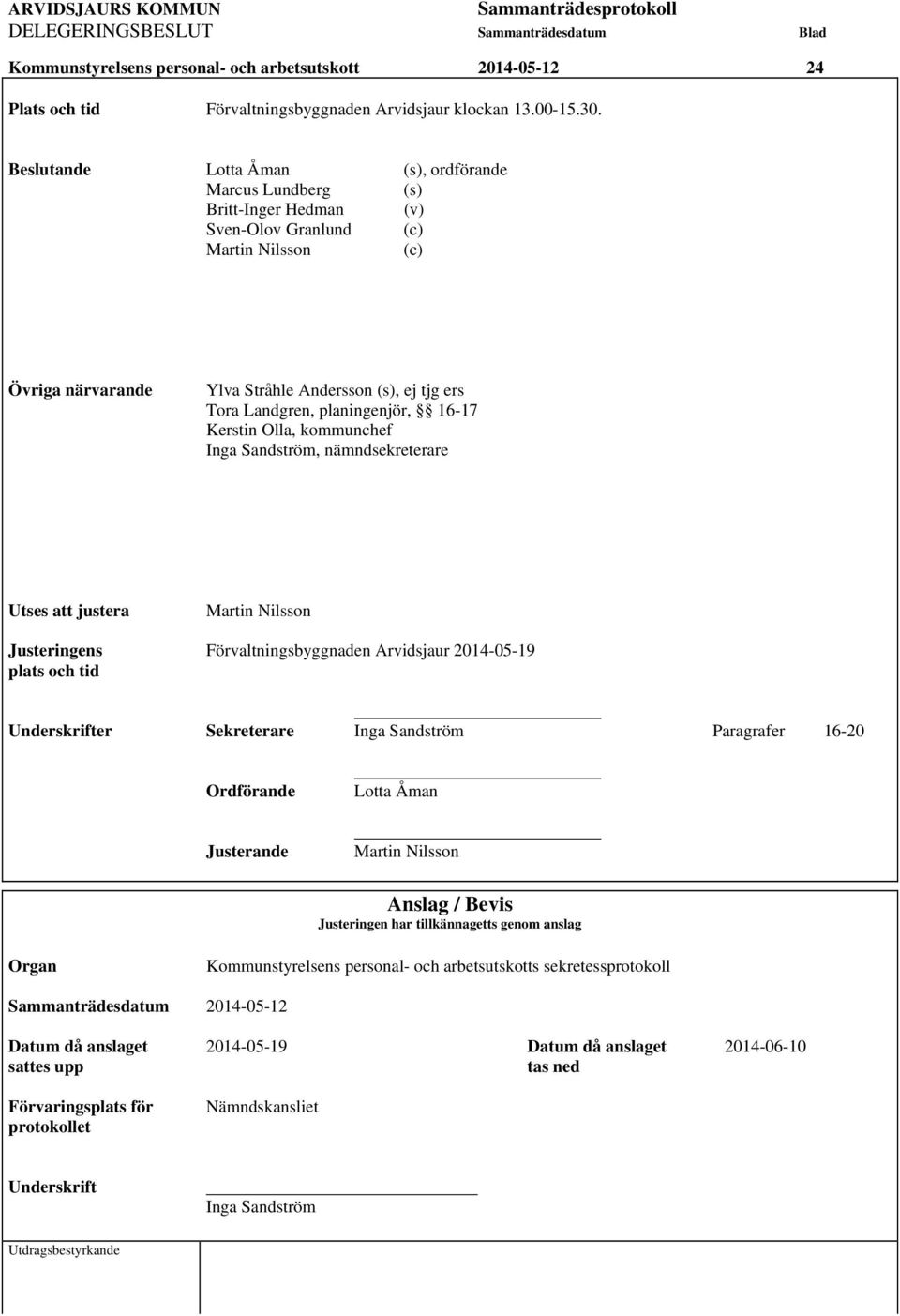 planingenjör, 16-17 Kerstin Olla, kommunchef Inga Sandström, nämndsekreterare Utses att justera Martin Nilsson Justeringens Förvaltningsbyggnaden Arvidsjaur 2014-05-19 plats och tid Underskrifter