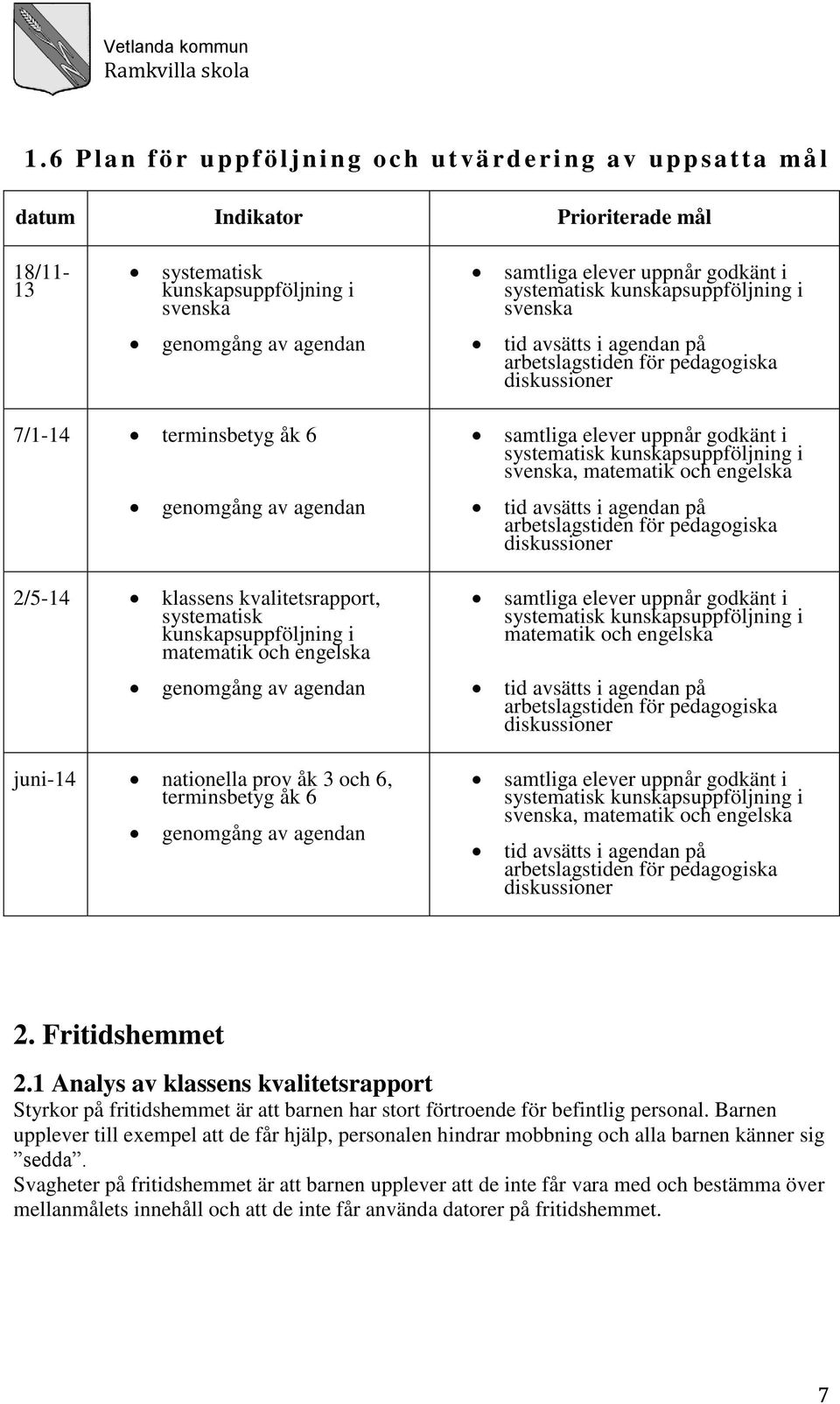 kvalitetsrapport, systematisk kunskapsuppföljning i matematik och engelska genomgång av agendan juni-14 nationella prov åk 3 och 6, terminsbetyg åk 6 genomgång av agendan samtliga elever uppnår