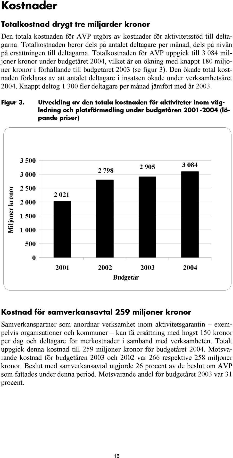 Totalkostnaden för AVP uppgick till 3 084 miljoner kronor under budgetåret 2004, vilket är en ökning med knappt 180 miljoner kronor i förhållande till budgetåret 2003 (se figur 3).