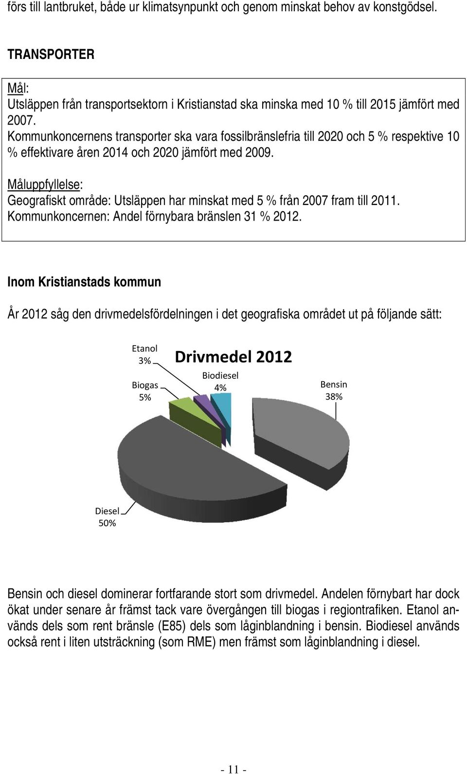 Måluppfyllelse: Geografiskt område: Utsläppen har minskat med 5 % från 2007 fram till 2011. Kommunkoncernen: Andel förnybara bränslen 31 % 2012.