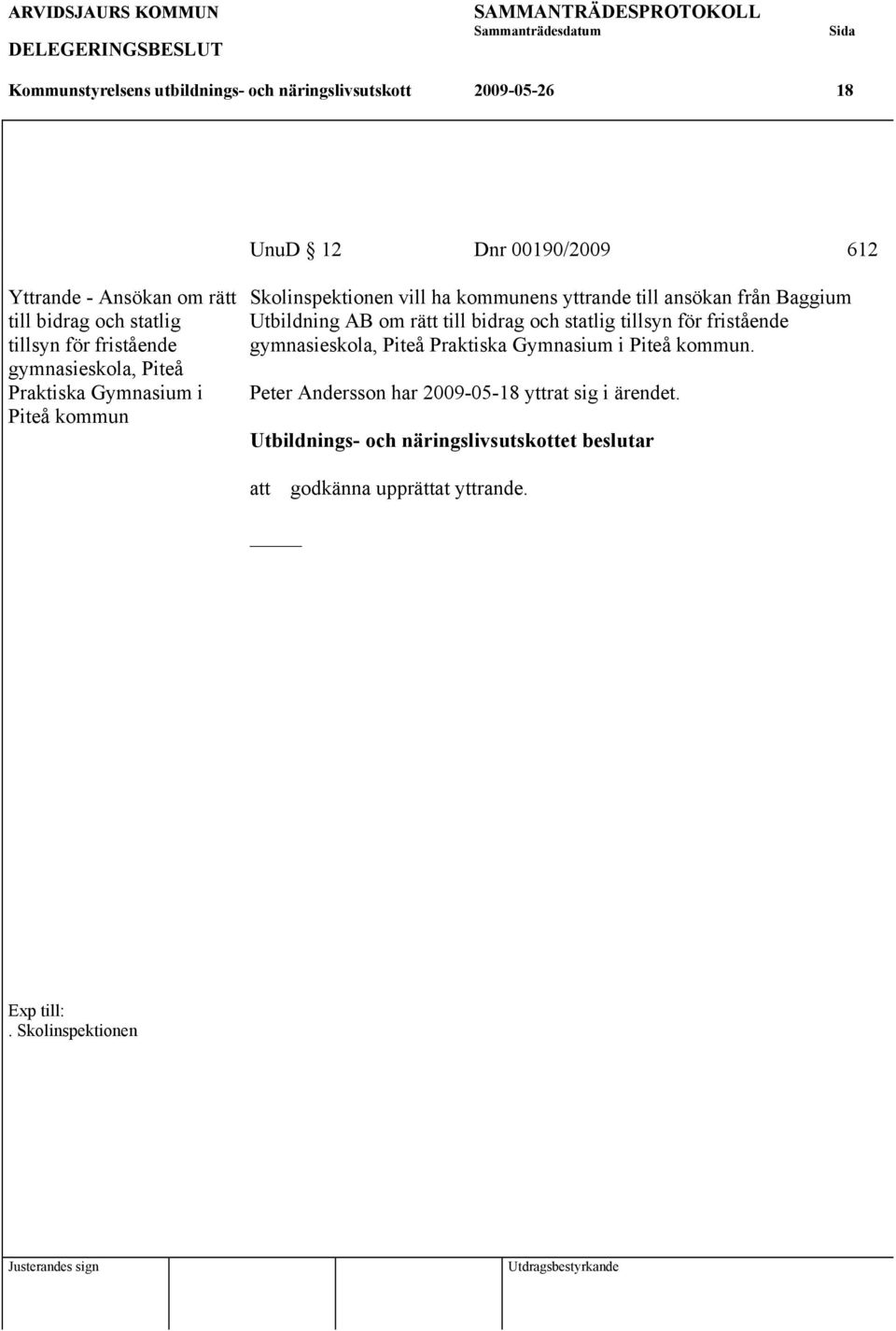 yttrande till ansökan från Baggium Utbildning AB om rätt till bidrag och statlig tillsyn för fristående gymnasieskola, Piteå Praktiska Gymnasium i Piteå kommun.