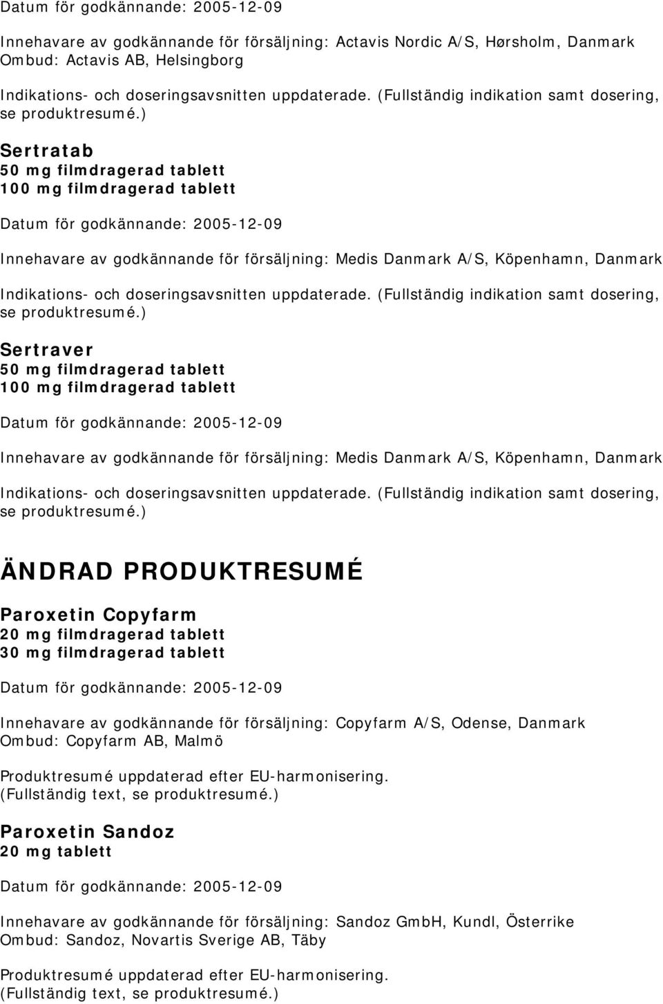 filmdragerad tablett Innehavare av godkännande för försäljning: Copyfarm A/S, Odense, Danmark Ombud: Copyfarm AB, Malmö Produktresumé uppdaterad efter EU-harmonisering.