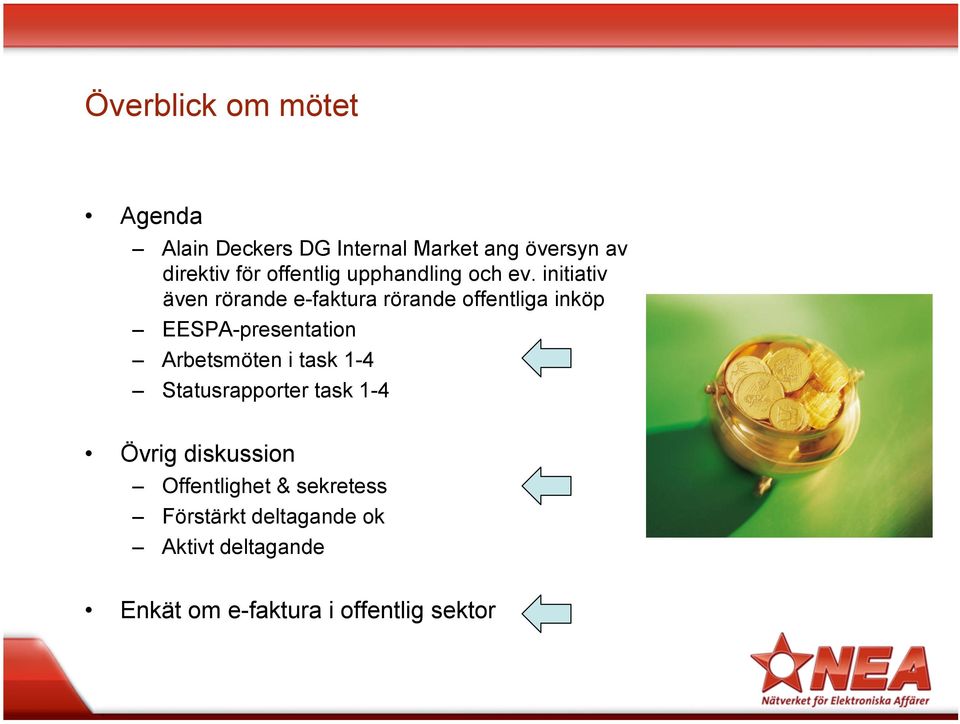 initiativ även rörande e-faktura rörande offentliga inköp EESPA-presentation Arbetsmöten i