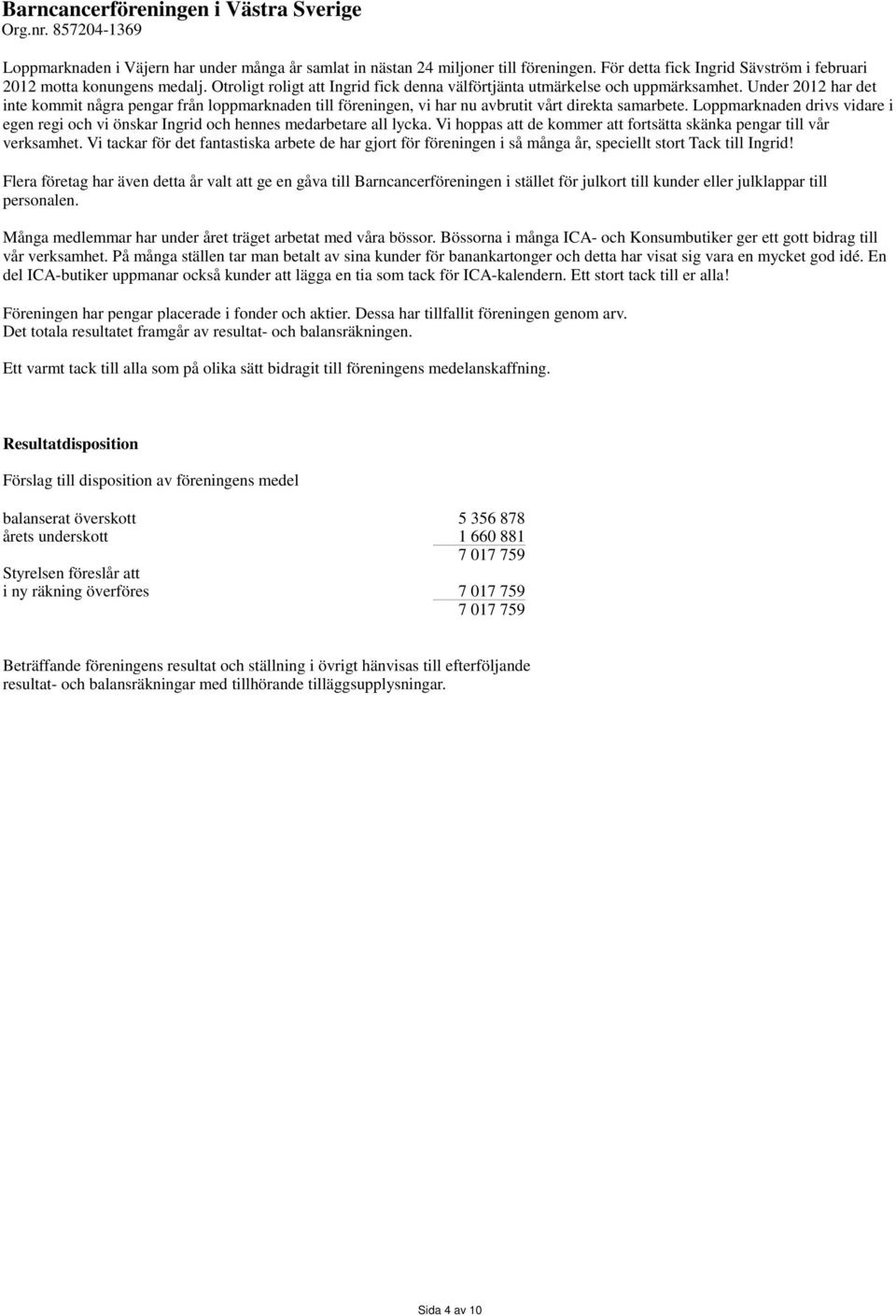 Under 2012 har det inte kommit några pengar från loppmarknaden till föreningen, vi har nu avbrutit vårt direkta samarbete.
