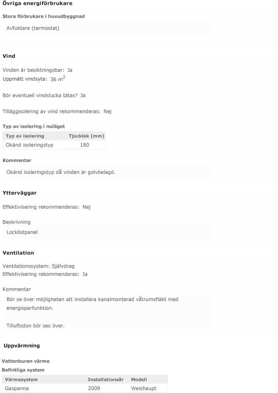 Ytterväggar Effektivisering rekommenderas: Nej Beskrivning Locklistpanel Ventilation Ventilationssystem: Självdrag Effektivisering rekommenderas: Ja Kommentar Bör se över möjligheten