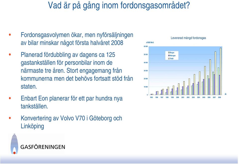 fordonsgas Planerad fördubbling av dagens ca 125 gastankställen för personbilar inom de närmaste tre åren.