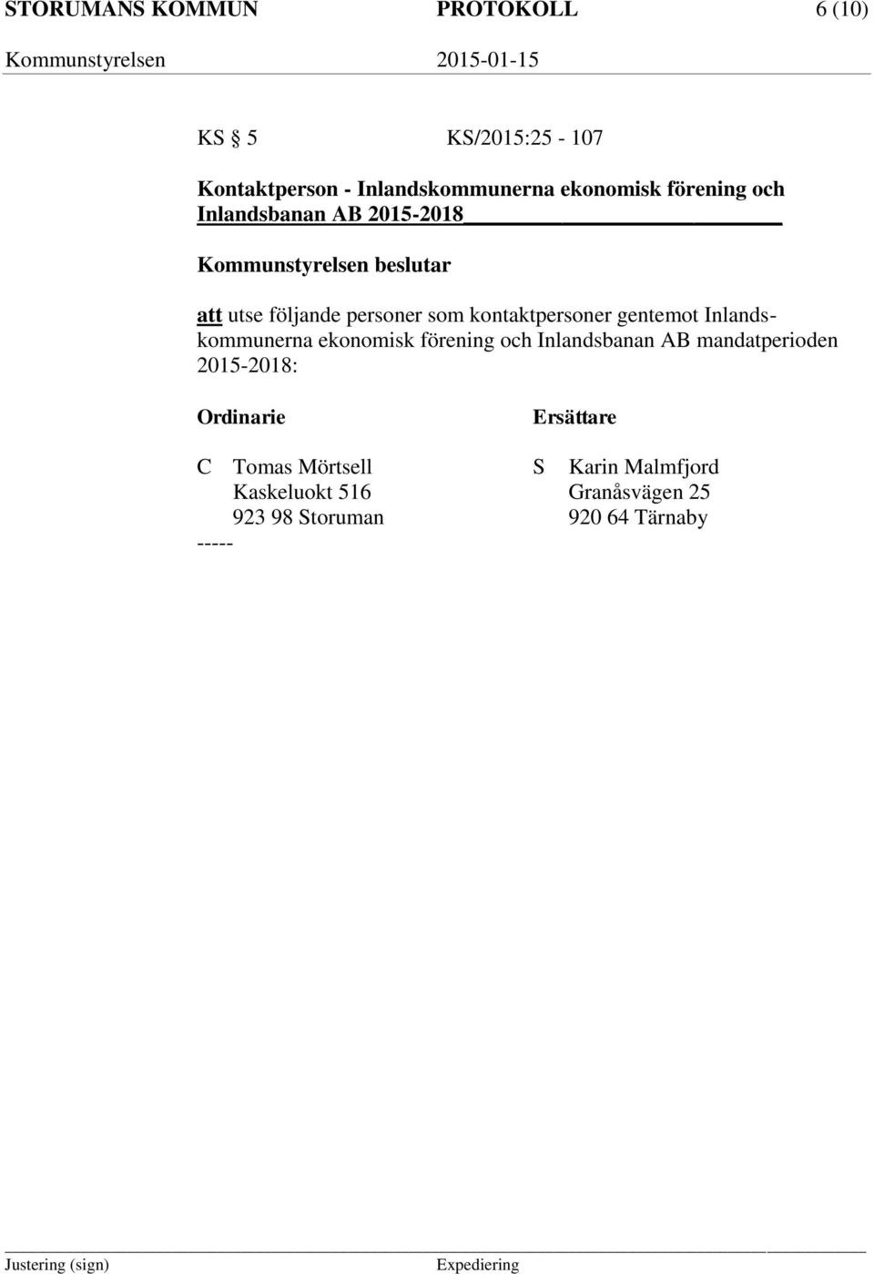 Inlandskommunerna ekonomisk förening och Inlandsbanan AB mandatperioden 2015-2018: Ordinarie