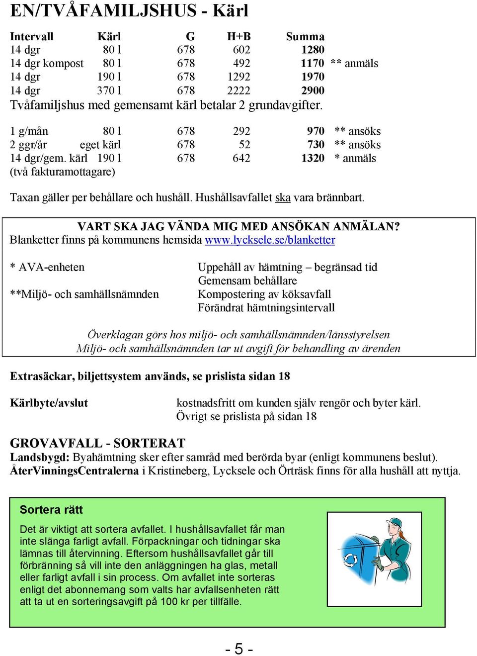 kärl 190 l 678 642 1320 * anmäls (två fakturamottagare) Taxan gäller per behållare och hushåll. Hushållsavfallet ska vara brännbart. VART SKA JAG VÄNDA MIG MED ANSÖKAN ANMÄLAN?