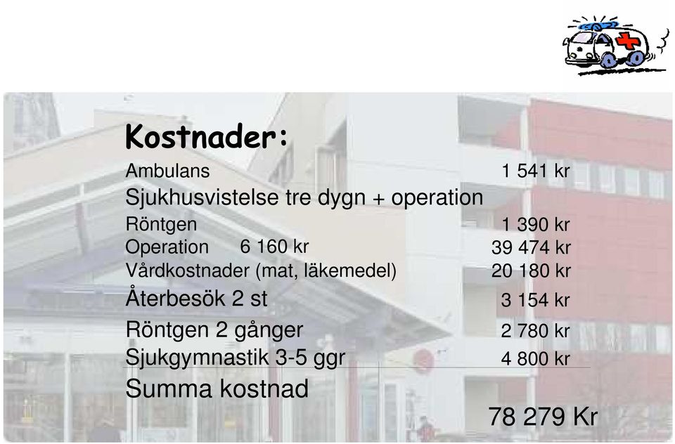 Röntgen 2 gånger Sjukgymnastik 3-5 ggr Summa kostnad 1 541 kr 1