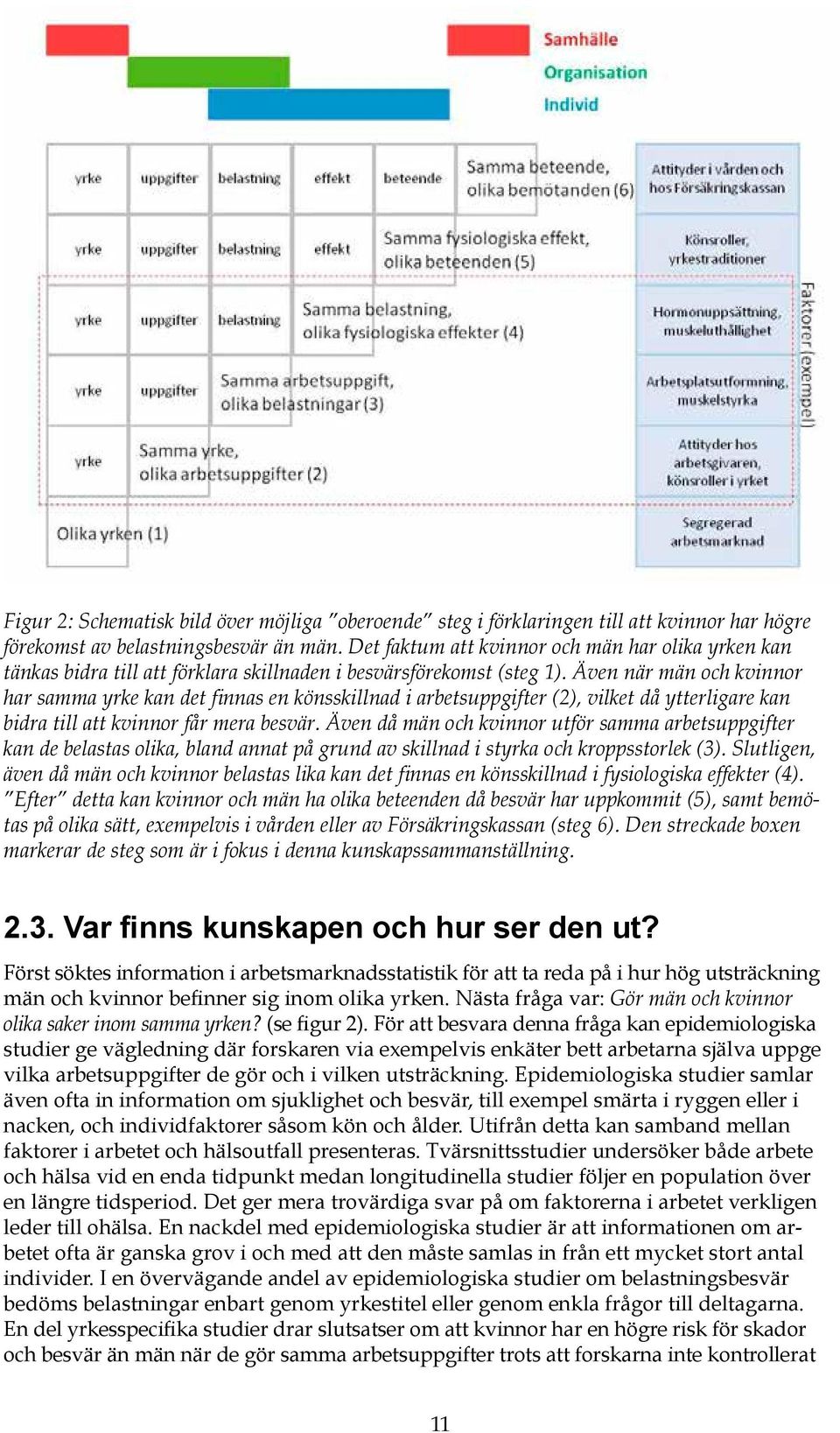 Även när män och kvinnor har samma yrke kan det finnas en könsskillnad i arbetsuppgifter (2), vilket då ytterligare kan bidra till att kvinnor får mera besvär.