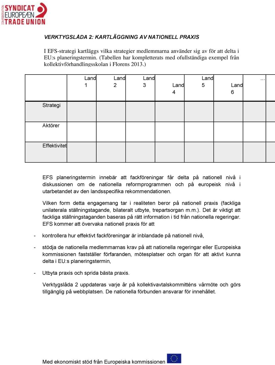 ) Land 1 Land 2 Land 3 Land 4 Land 5 Land 6 Strategi Aktörer Effektivitet EFS planeringstermin innebär att fackföreningar får delta på nationell nivå i diskussionen om de nationella reformprogrammen