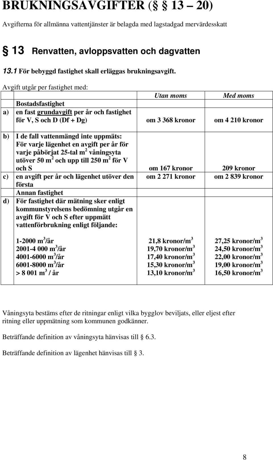 Avgift utgår per fastighet med: Utan moms Med moms Bostadsfastighet a) en fast grundavgift per år och fastighet för V, S och D (Df + Dg) om 3 368 kronor om 4 210 kronor b) I de fall vattenmängd inte