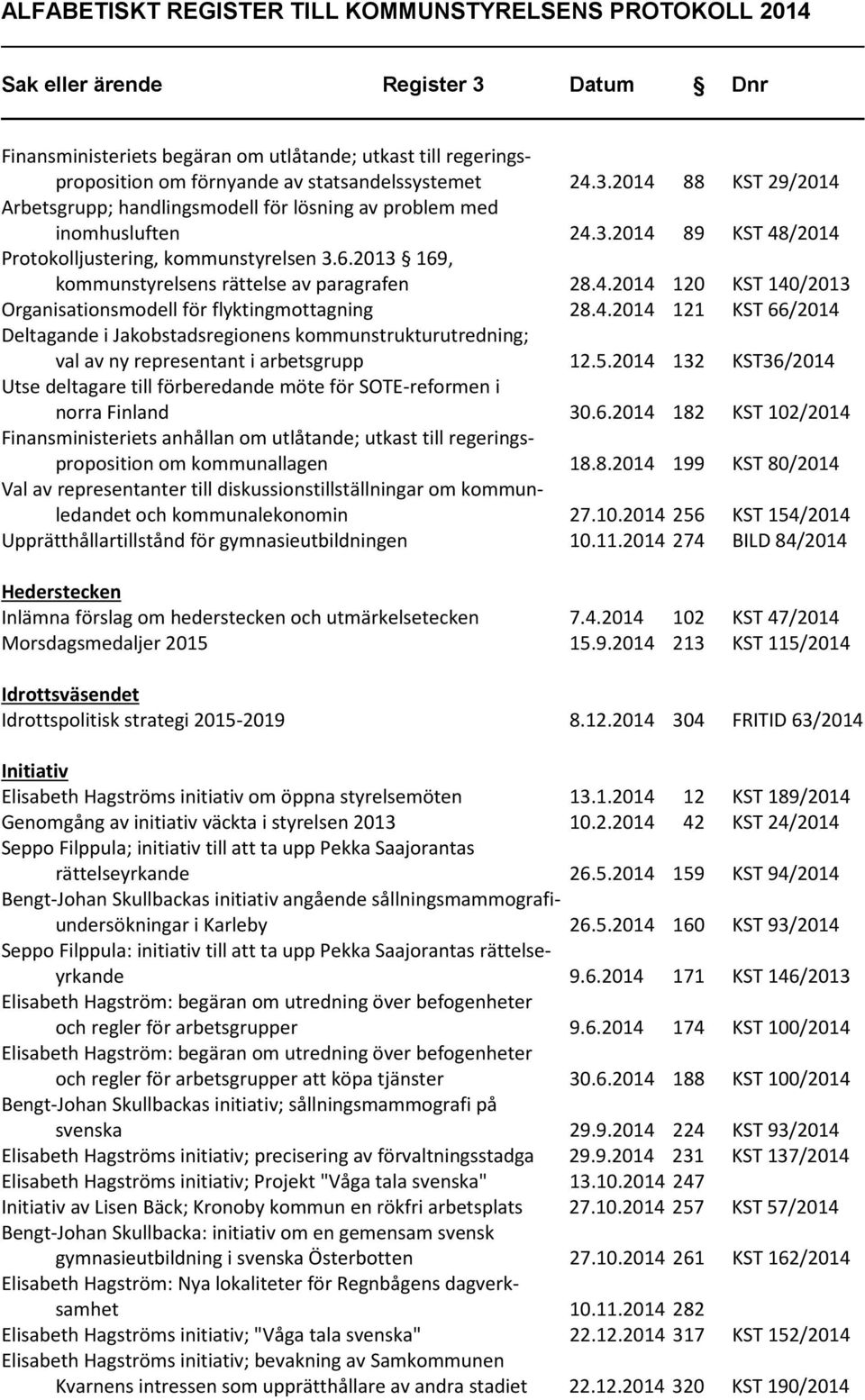 5.2014 132 KST36/2014 Utse deltagare till förberedande möte för SOTE-reformen i norra Finland 30.6.2014 182 KST 102/2014 Finansministeriets anhållan om utlåtande; utkast till regeringsproposition om kommunallagen 18.