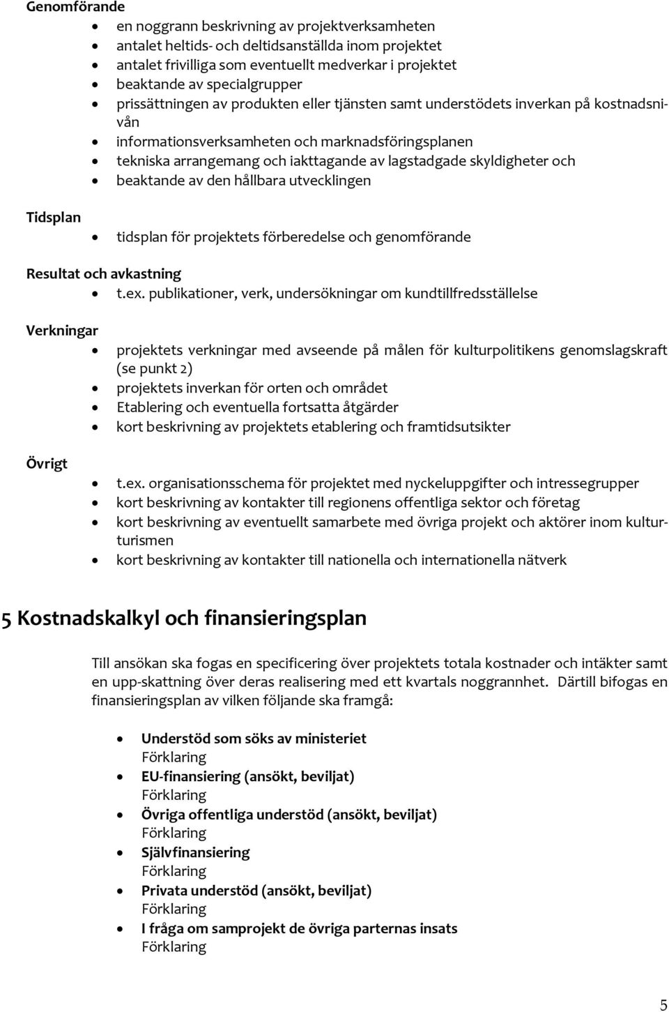 skyldigheter och beaktande av den hållbara utvecklingen Tidsplan tidsplan för projektets förberedelse och genomförande Resultat och avkastning t.ex.