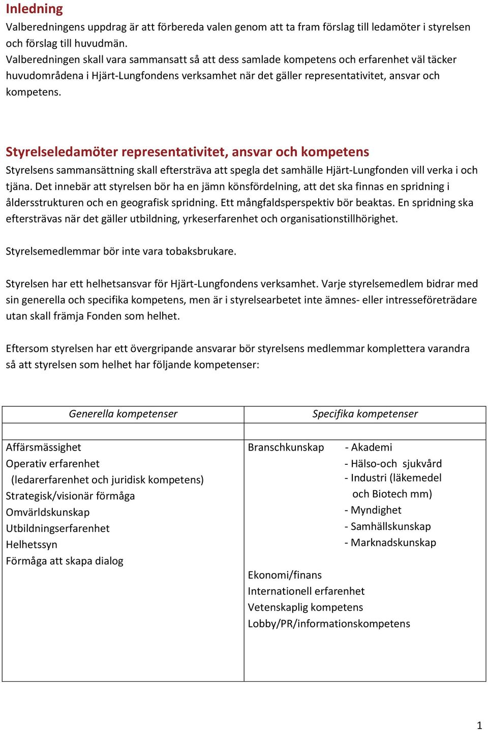 Styrelseledamöter representativitet, ansvar och kompetens Styrelsens sammansättning skall eftersträva att spegla det samhälle Hjärt-Lungfonden vill verka i och tjäna.