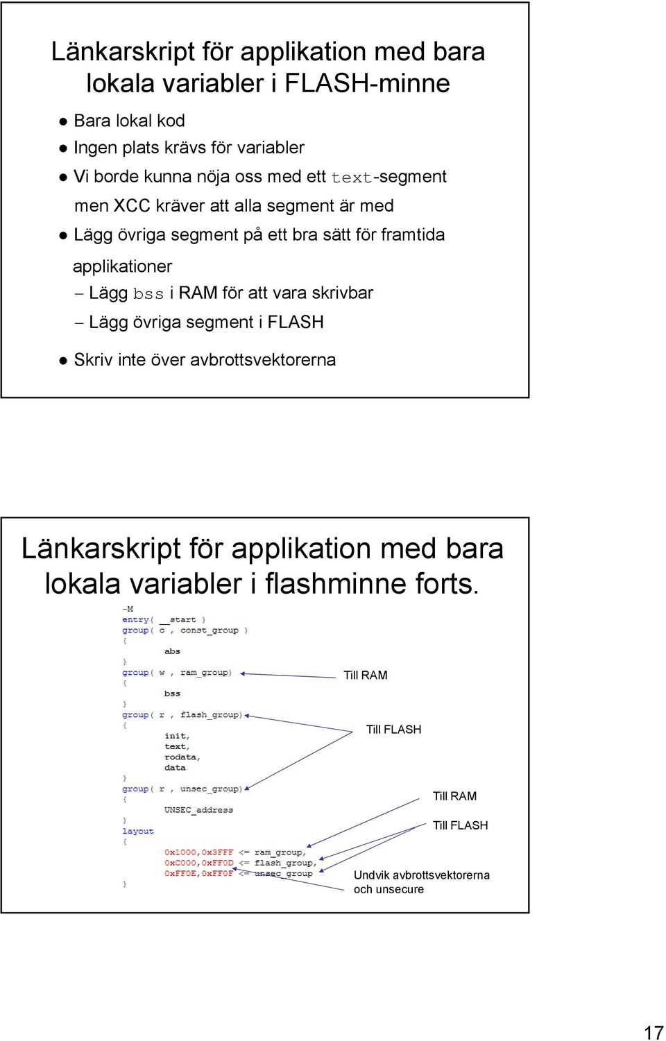 applikationer Lägg bss i RAM för att vara skrivbar Lägg övriga segment i FLASH Skriv inte över avbrottsvektorerna Länkarskript