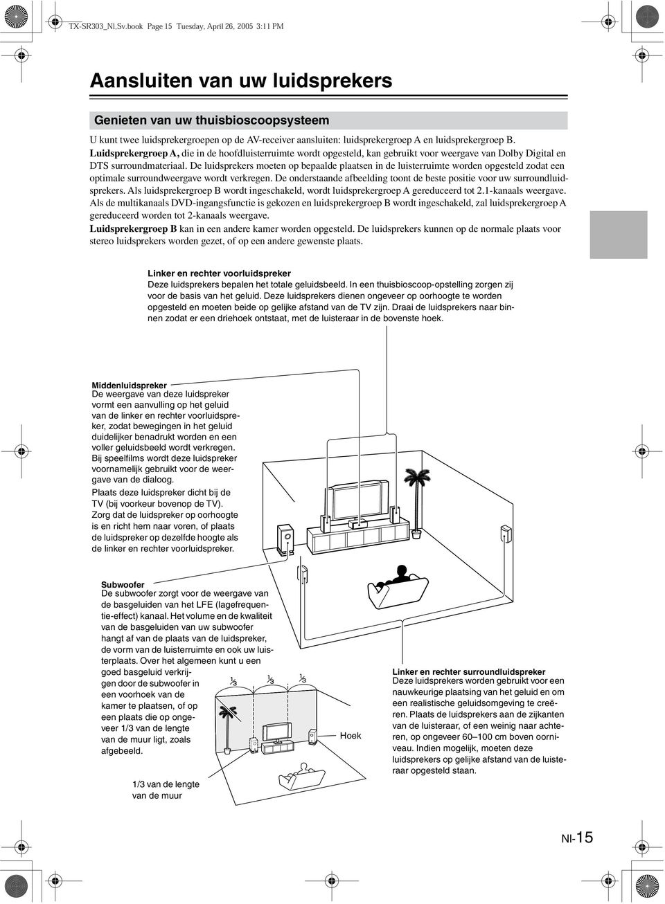 De luidsprekers moeten op bepaalde plaatsen in de luisterruimte worden opgesteld zodat een optimale surroundweergave wordt verkregen.