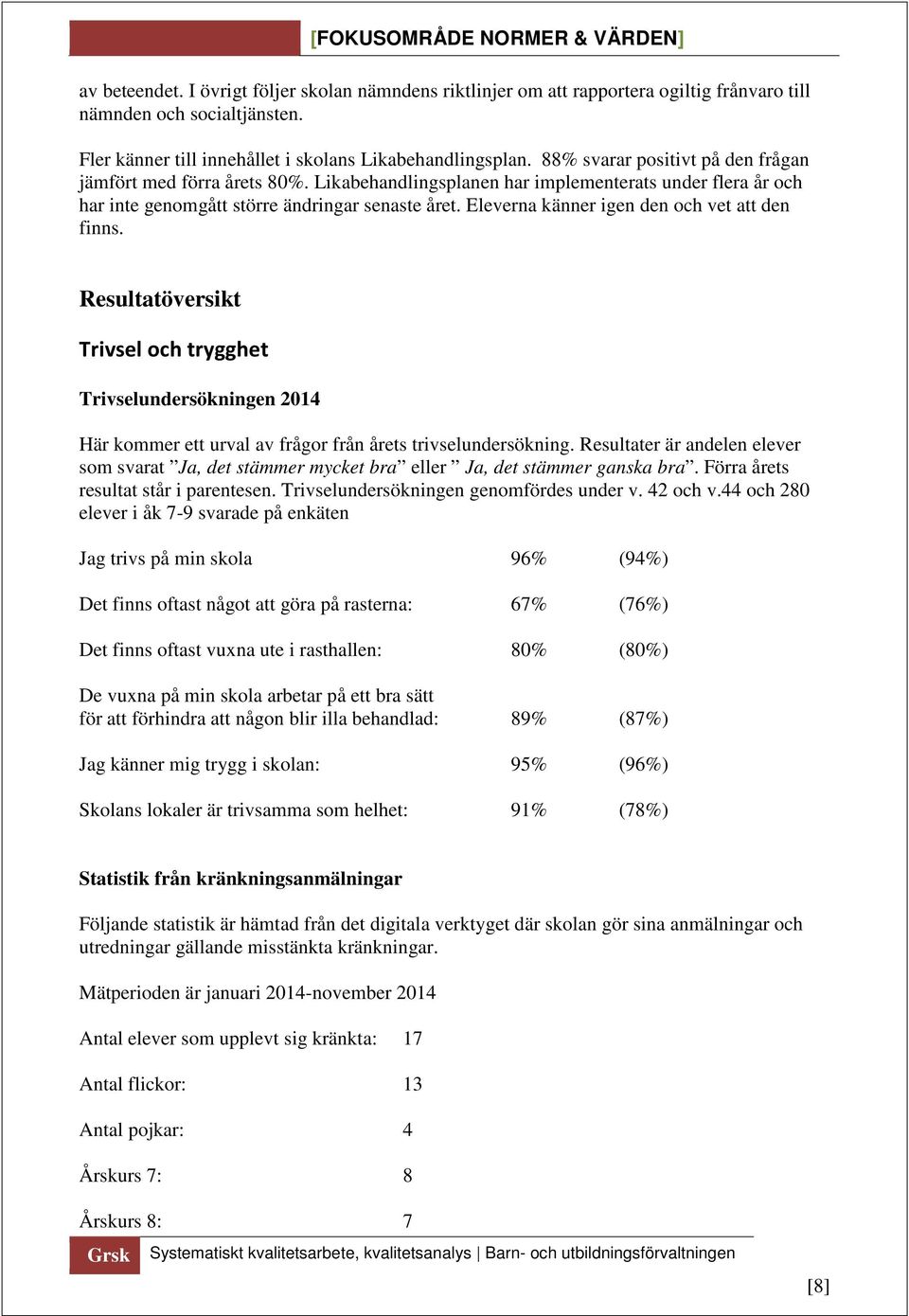 Eleverna känner igen den och vet att den finns. Resultatöversikt Trivsel och trygghet Trivselundersökningen 2014 Här kommer ett urval av frågor från årets trivselundersökning.