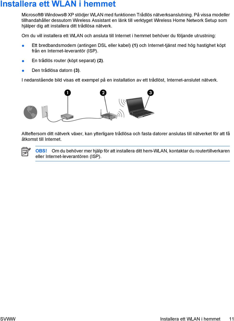 Om du vill installera ett WLAN och ansluta till Internet i hemmet behöver du följande utrustning: Ett bredbandsmodem (antingen DSL eller kabel) (1) och Internet-tjänst med hög hastighet köpt från en