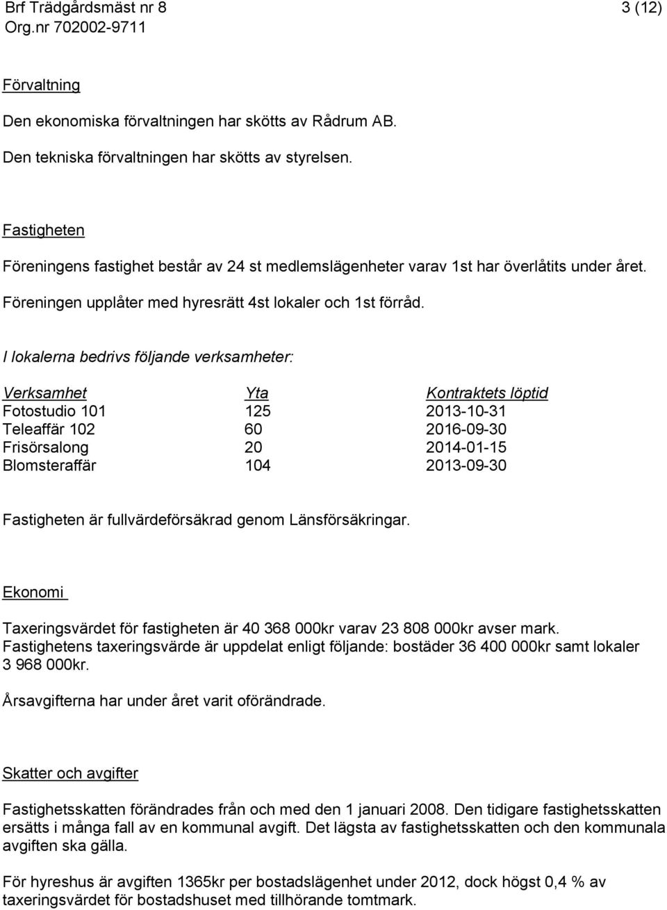 I lokalerna bedrivs följande verksamheter: Verksamhet Yta Kontraktets löptid Fotostudio 101 125 2013-10-31 Teleaffär 102 60 2016-09-30 Frisörsalong 20 2014-01-15 Blomsteraffär 104 2013-09-30