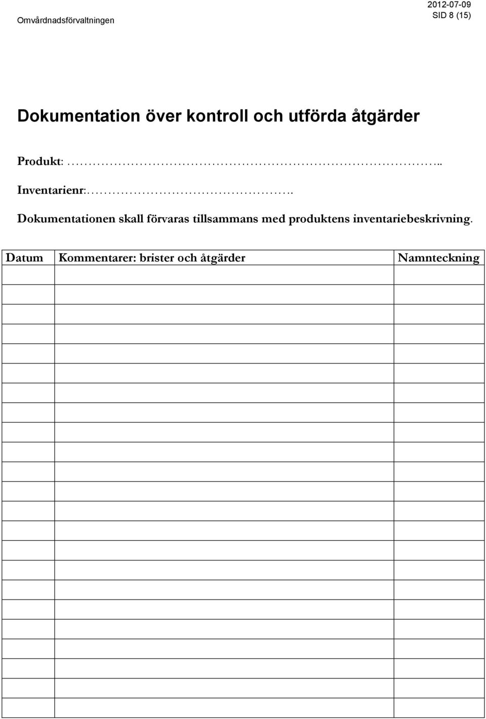 Dokumentationen skall förvaras tillsammans med