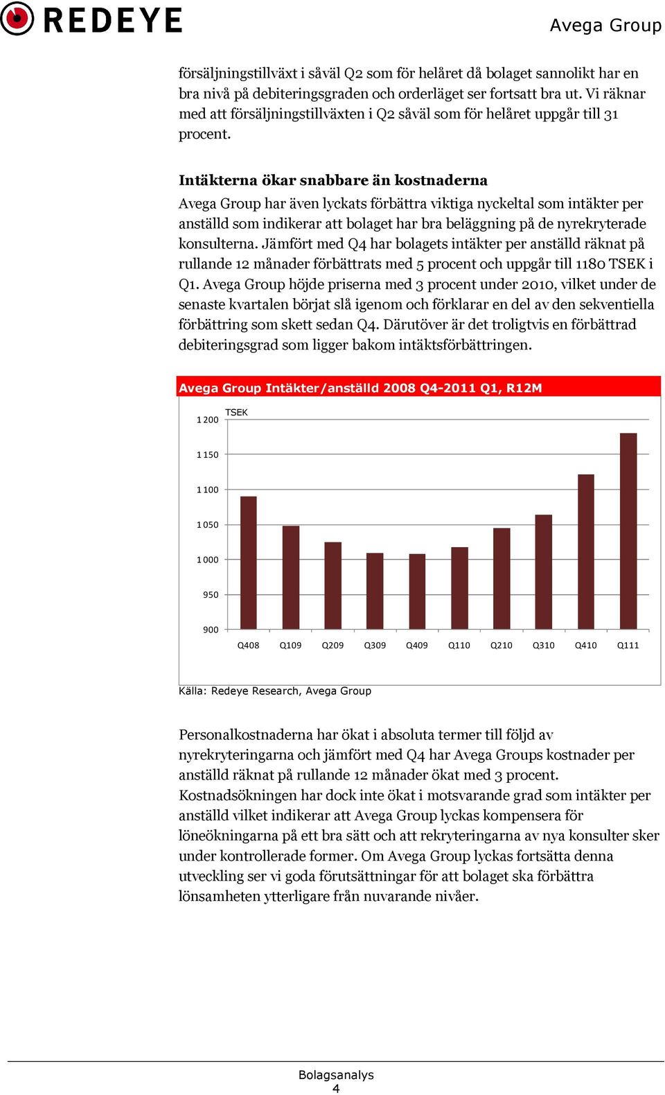 Intäkterna ökar snabbare än kostnaderna Avega Group har även lyckats förbättra viktiga nyckeltal som intäkter per anställd som indikerar att bolaget har bra beläggning på de nyrekryterade konsulterna.