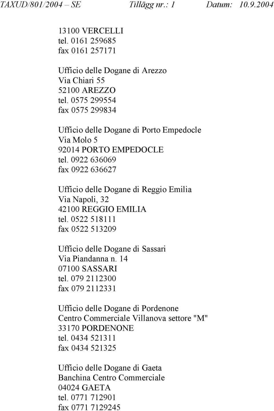 0922 636069 fax 0922 636627 Ufficio delle Dogane di Reggio Emilia Via Napoli, 32 42100 REGGIO EMILIA tel.