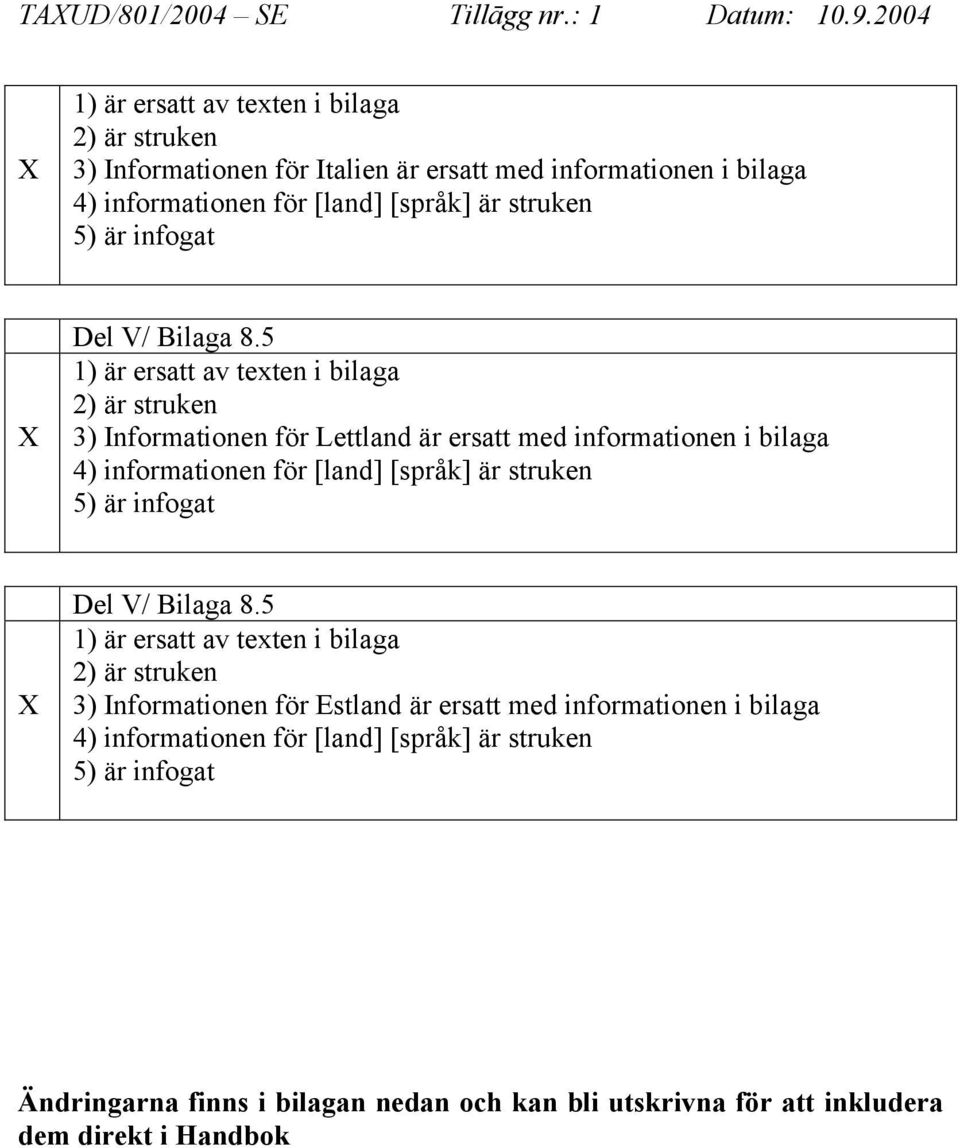5 1) är ersatt av texten i bilaga 2) är struken 3) Informationen för Lettland är ersatt med informationen i bilaga 4) informationen för [land] [språk] är struken