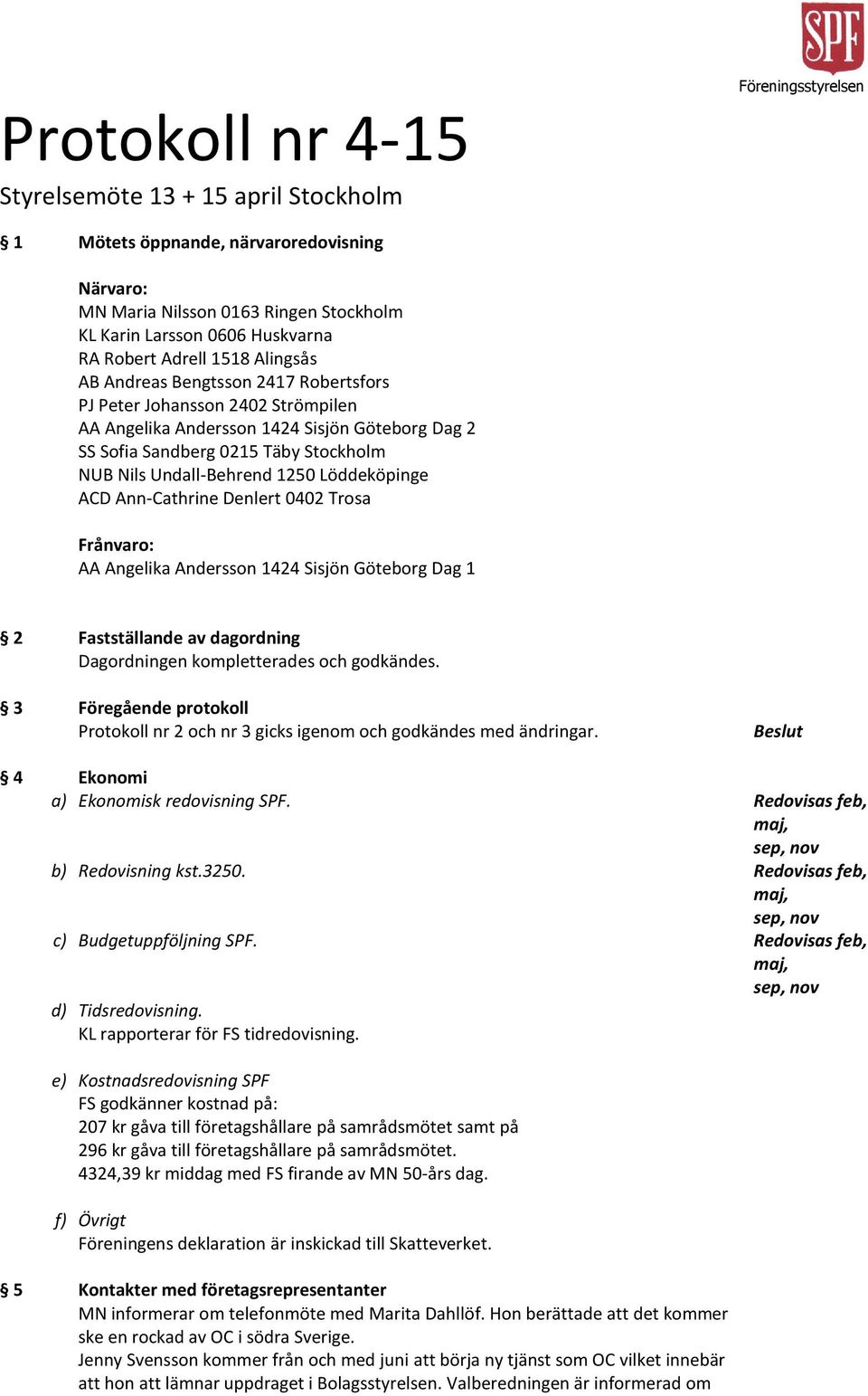 Undall-Behrend 1250 Löddeköpinge ACD Ann-Cathrine Denlert 0402 Trosa Frånvaro: AA Angelika Andersson 1424 Sisjön Göteborg Dag 1 2 Fastställande av dagordning Dagordningen kompletterades och godkändes.