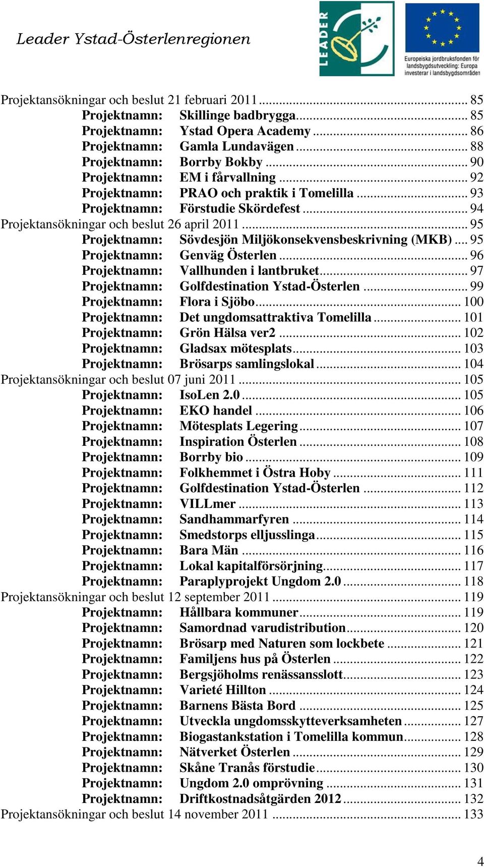 .. 95 Projektnamn: Sövdesjön Miljökonsekvensbeskrivning (MKB)... 95 Projektnamn: Genväg Österlen... 96 Projektnamn: Vallhunden i lantbruket... 97 Projektnamn: Golfdestination Ystad-Österlen.
