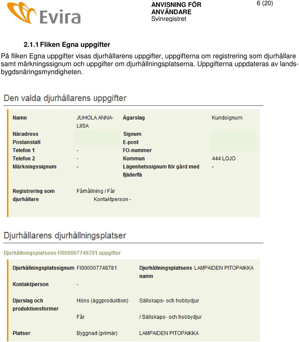 djurhållarens uppgifter, uppgifterna om registrering som