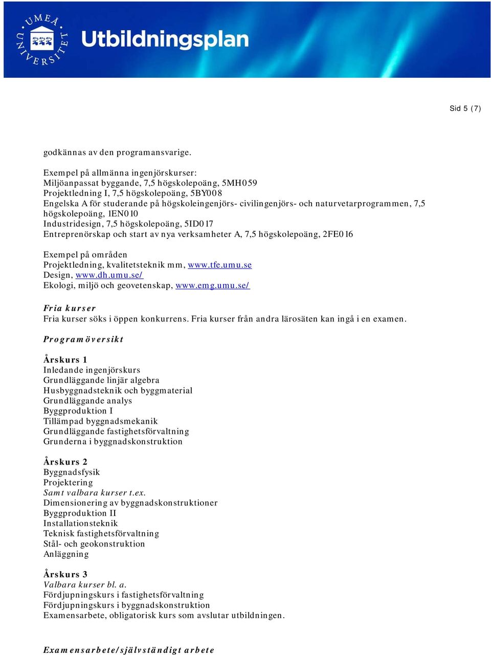 naturvetarprogrammen, 7,5 högskolepoäng, 1EN010 Industridesign, 7,5 högskolepoäng, 5ID017 Entreprenörskap och start av nya verksamheter A, 7,5 högskolepoäng, 2FE016 Exempel på områden Projektledning,