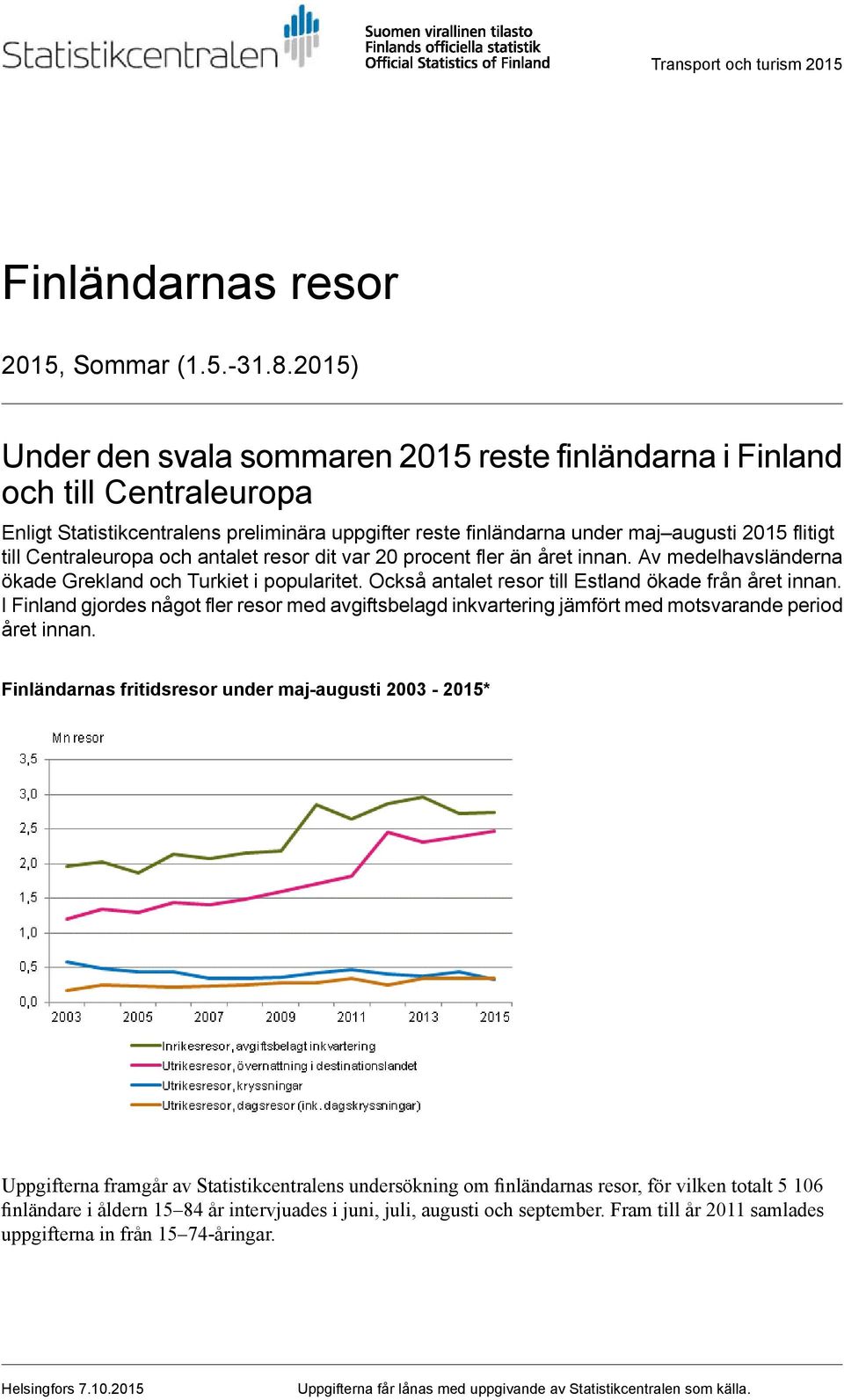 antalet resor dit var 0 procent fler än året innan. Av medelhavsländerna ökade Grekland och Turkiet i popularitet. Också antalet resor till Estland ökade från året innan.