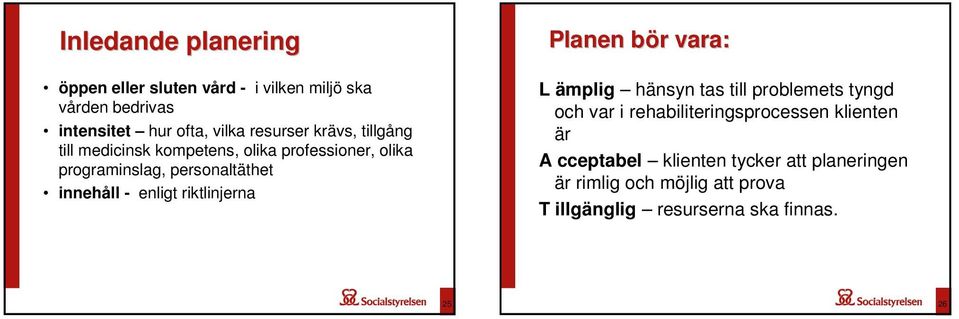 riktlinjerna Planen bör b r vara: L ämplig hänsyn tas till problemets tyngd och var i rehabiliteringsprocessen