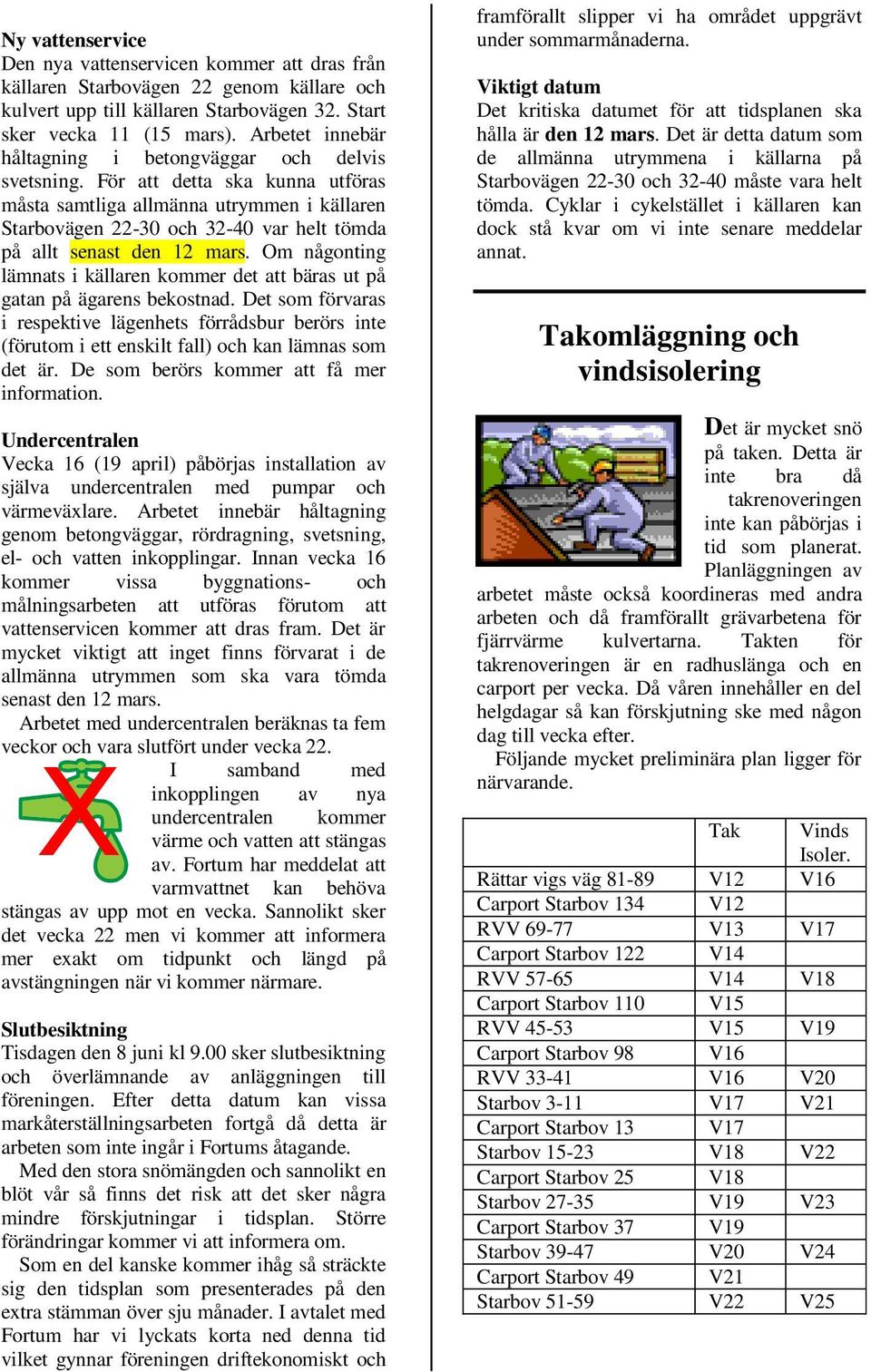För att detta ska kunna utföras måsta samtliga allmänna utrymmen i källaren Starbovägen 22-30 och 32-40 var helt tömda på allt senast den 12 mars.