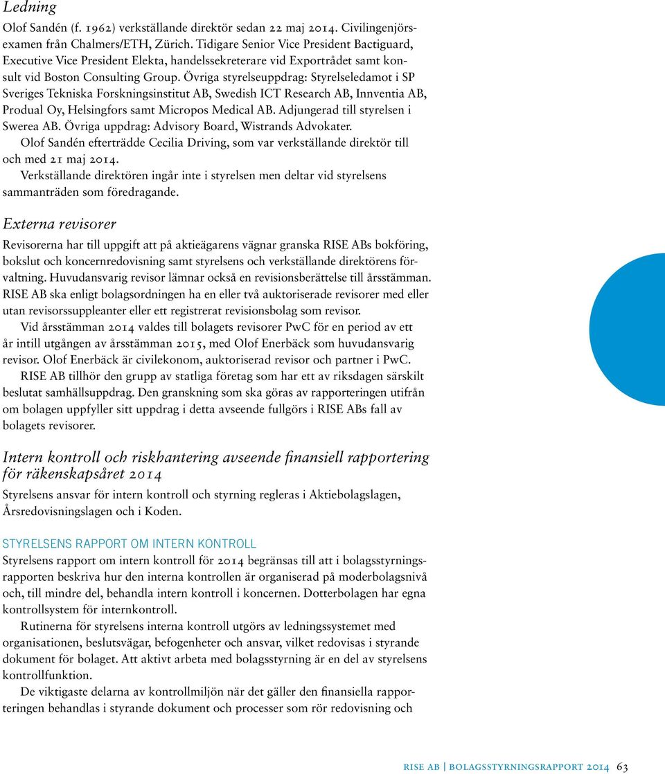 Övriga styrelseuppdrag: Styrelseledamot i SP Sveriges Tekniska Forskningsinstitut AB, Swedish ICT Research AB, Innventia AB, Produal Oy, Helsingfors samt Micropos Medical AB.