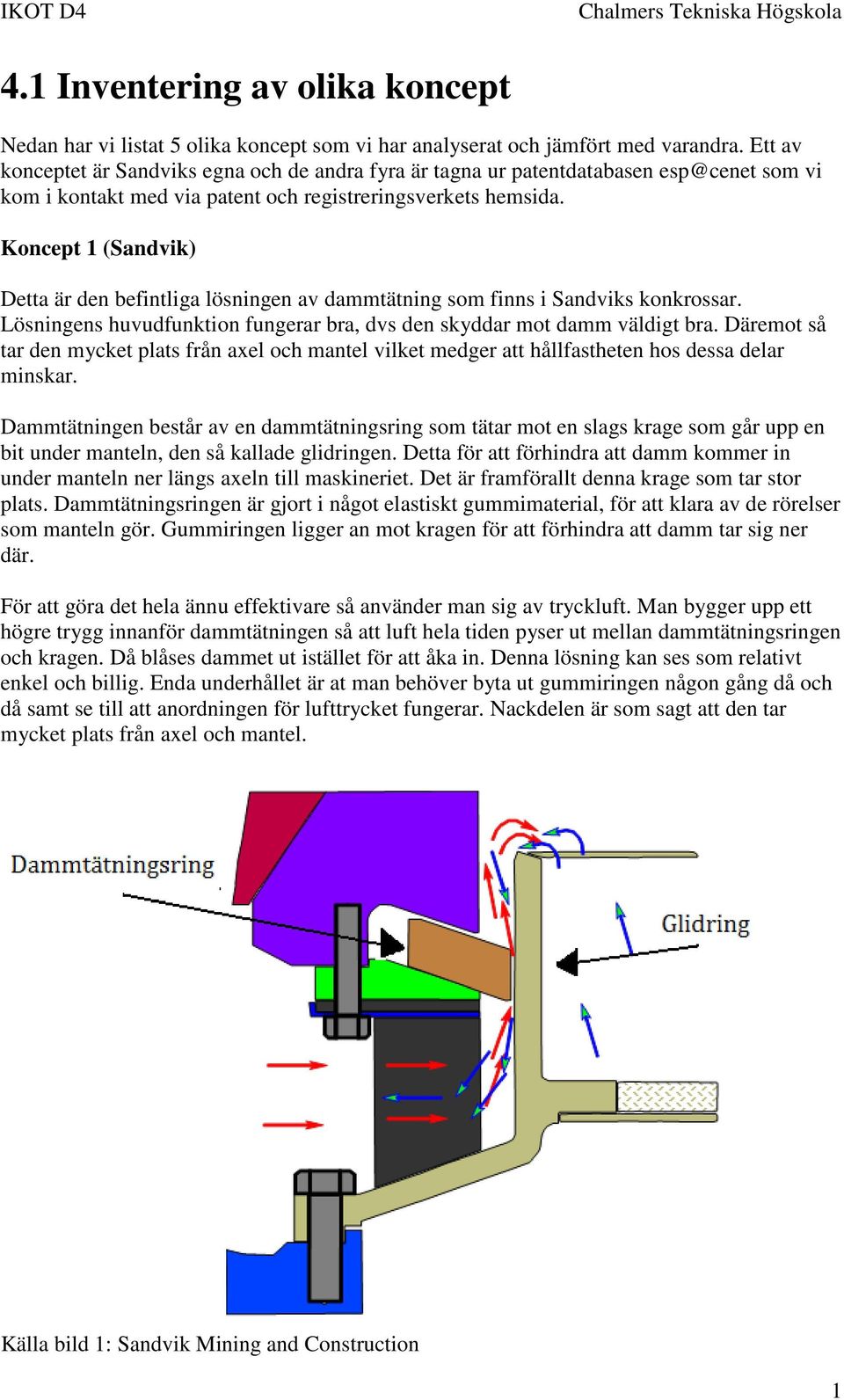 Koncept 1 (Sandvik) Detta är den befintliga lösningen av dammtätning som finns i Sandviks konkrossar. Lösningens huvudfunktion fungerar bra, dvs den skyddar mot damm väldigt bra.