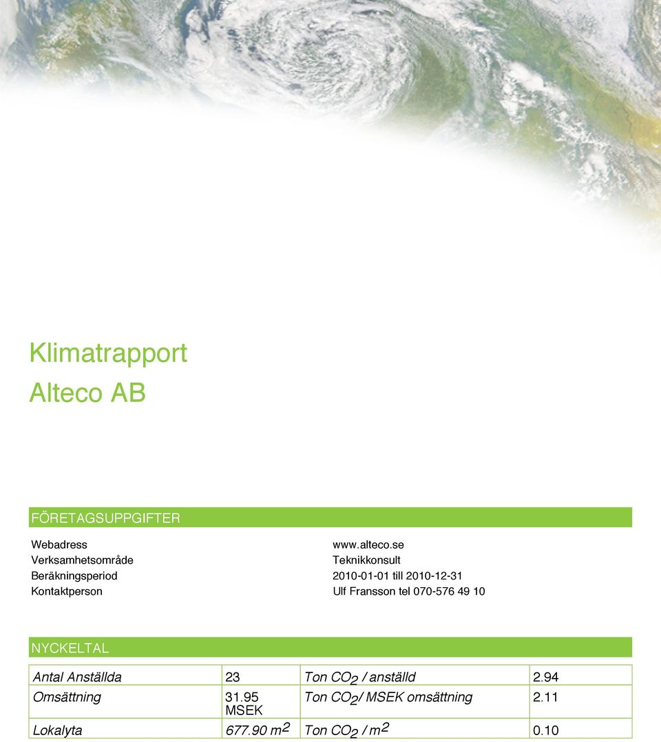 Kontaktperson Ulf Fransson tel 070-576 49 10 NYCKELTAL Antal Anställda 23 Ton CO2