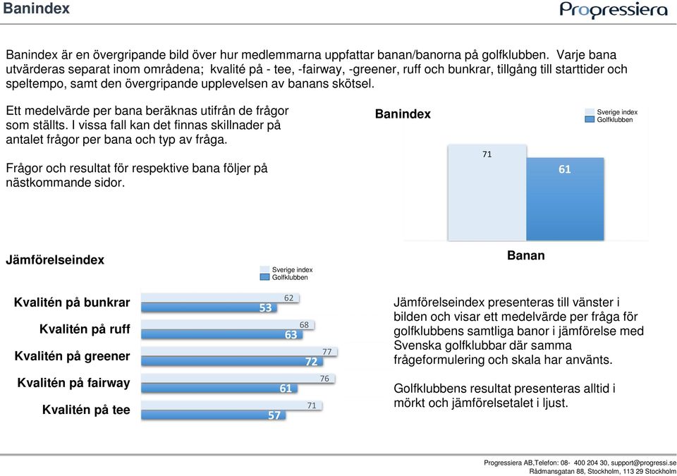 Ett medelvärde per bana beräknas utifrån de frågor som ställts. I vissa fall kan det finnas skillnader på antalet frågor per bana och typ av fråga.