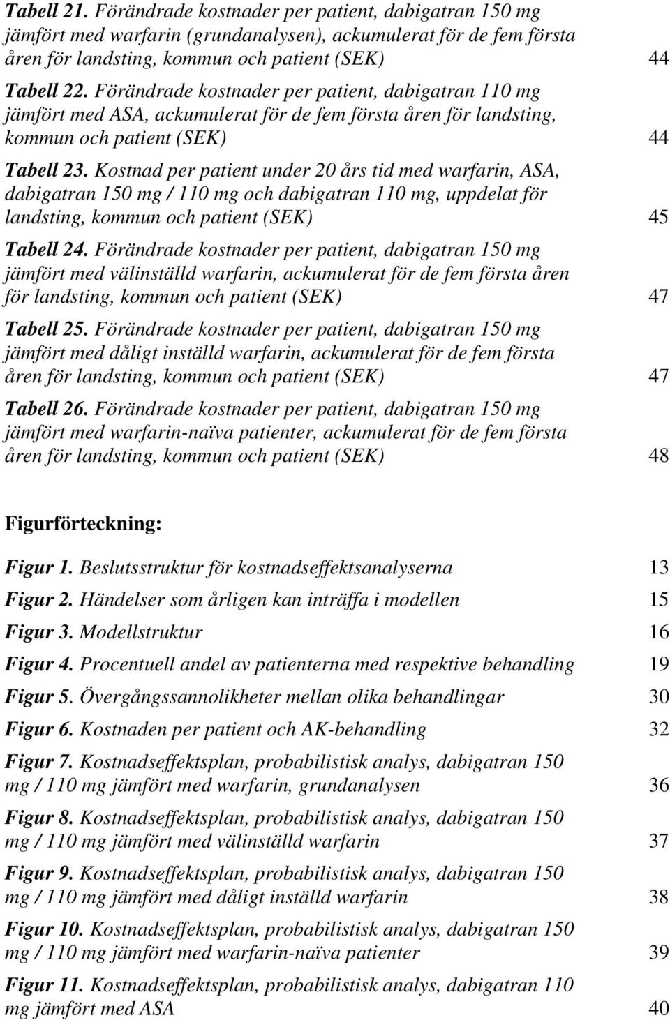 Kostnad per patient under 20 års tid med warfarin, ASA, dabigatran 150 mg / 110 mg och dabigatran 110 mg, uppdelat för landsting, kommun och patient (SEK) 45 Tabell 24.