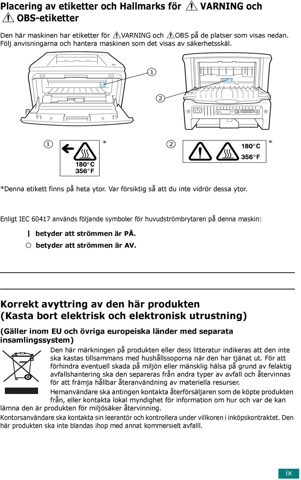 Enligt IEC 60417 används följande symboler för huvudströmbrytaren på denna maskin: betyder att strömmen är PÅ. betyder att strömmen är AV.