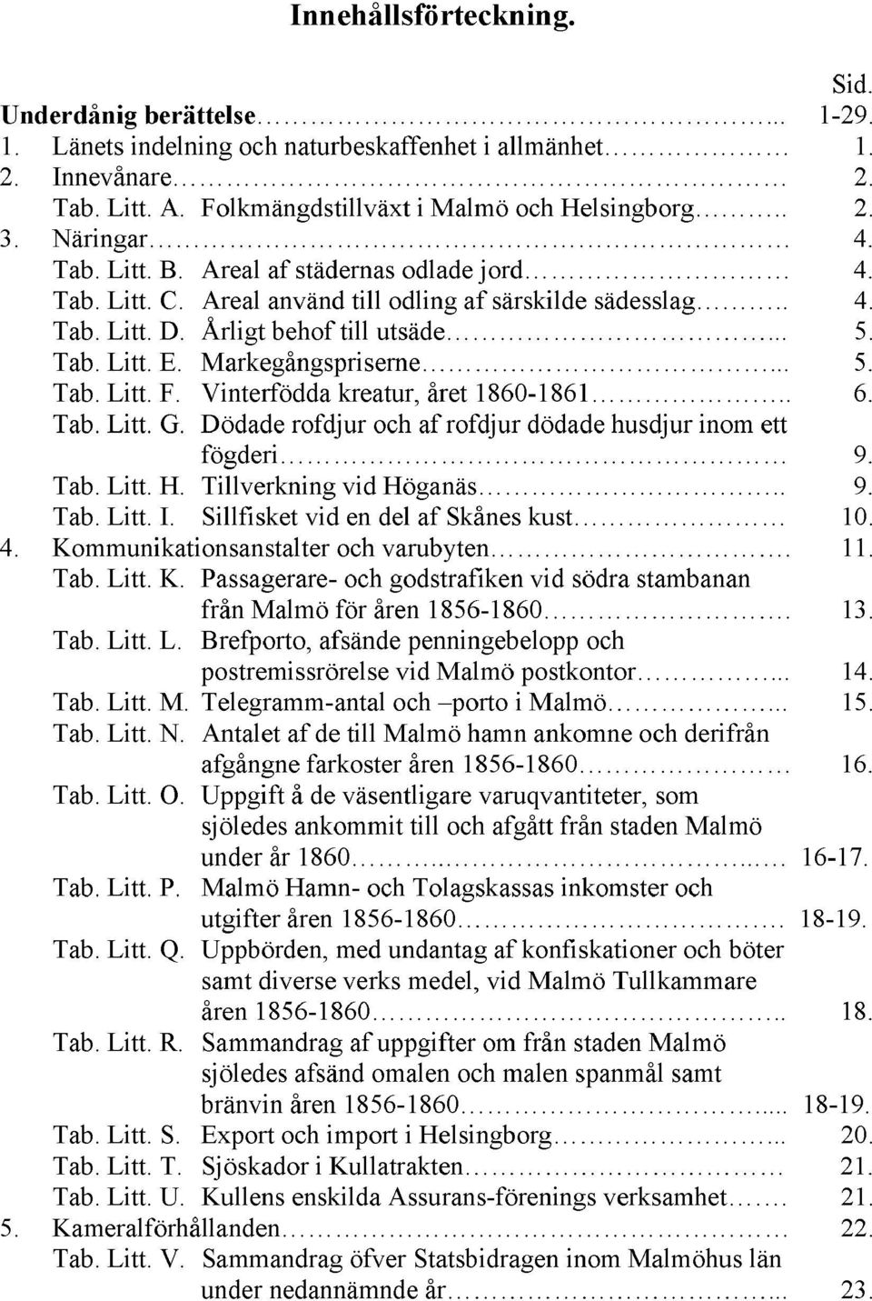 Markegångspriserne... 5. Tab. Litt. F. Vinterfödda kreatur, året 1860-1861.. 6. Tab. Litt. G. Dödade rofdjur och af rofdjur dödade husdjur inom ett fögderi 9. Tab. Litt. H. Tillverkning vid Höganäs.