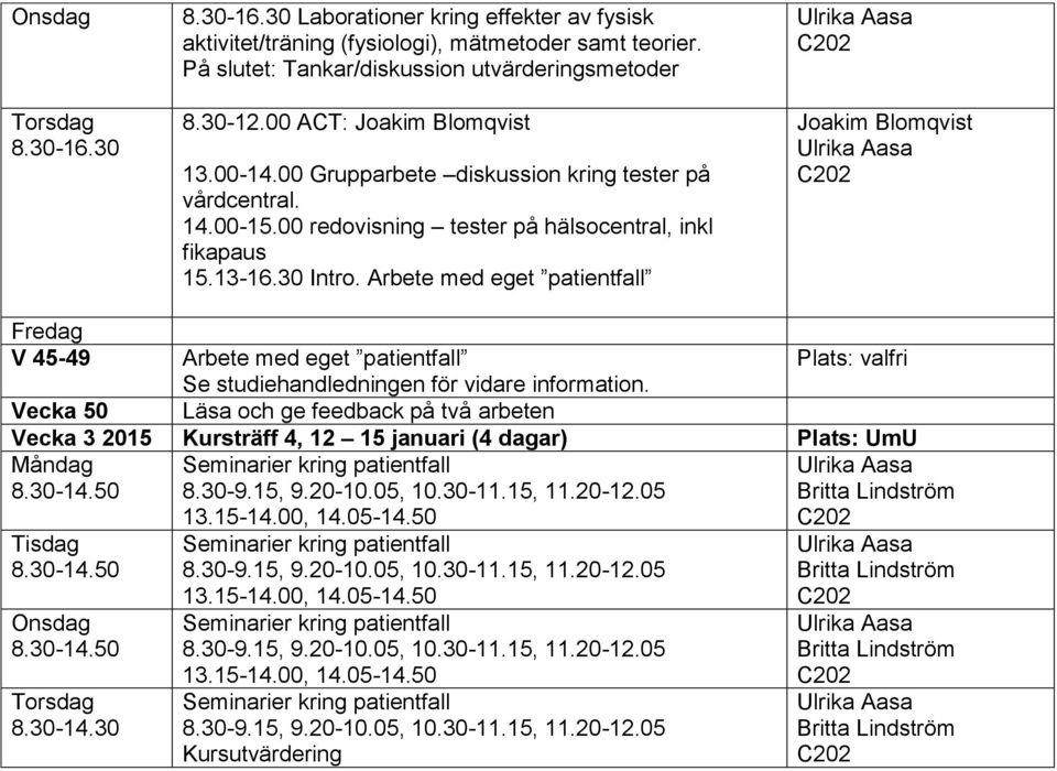 00 Grupparbete diskussion kring tester på vårdcentral. 14.00-15.00 redovisning tester på hälsocentral, inkl fikapaus 15.13-16.30 Intro.