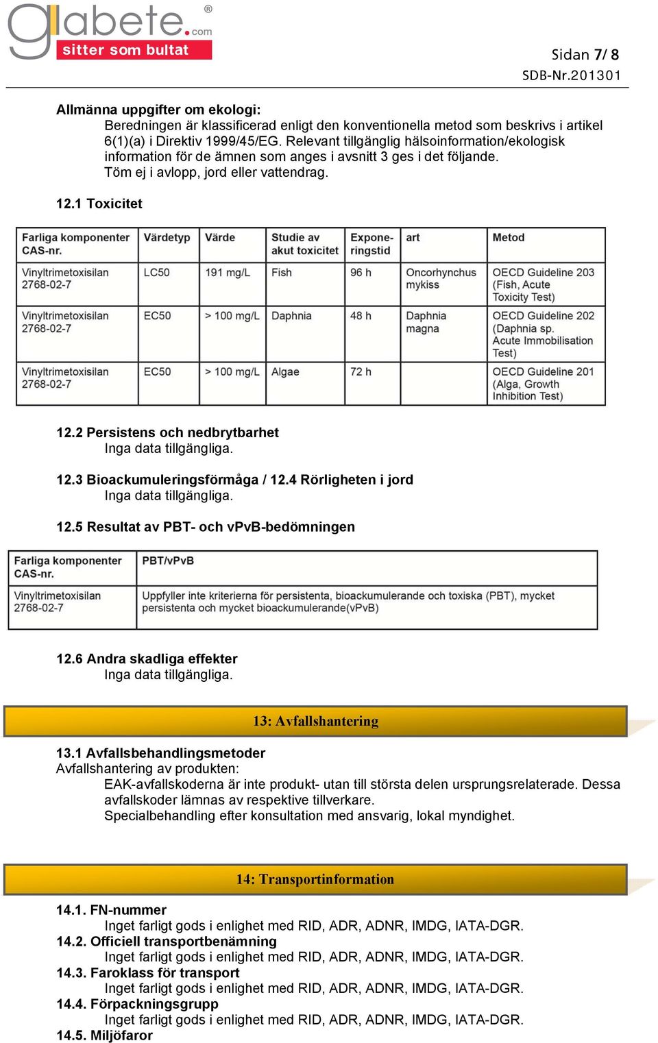 2 Persistens och nedbrytbarhet 12.3 Bioackumuleringsförmåga / 12.4 Rörligheten i jord 12.5 Resultat av PBT- och vpvb-bedömningen 12.6 Andra skadliga effekter 13: Avfallshantering 13.