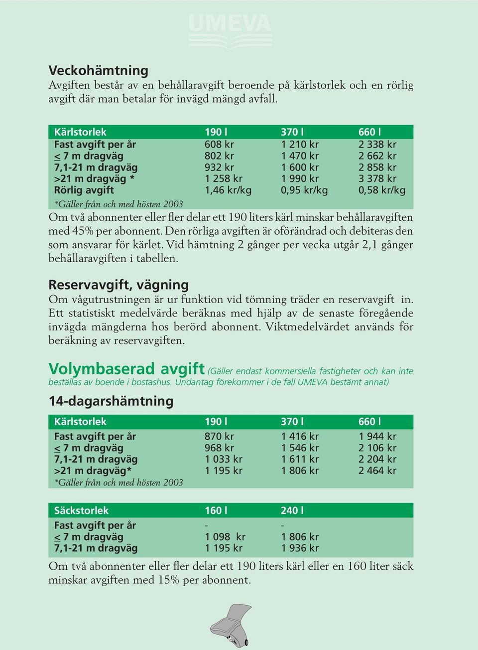 Rörlig avgift 1,46 kr/kg 0,95 kr/kg 0,58 kr/kg *Gäller från och med hösten 2003 Om två abonnenter eller fler delar ett 190 liters kärl minskar behållaravgiften med 45% per abonnent.