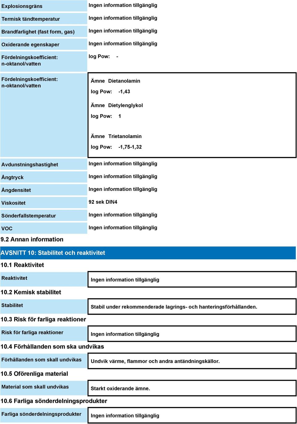 2 Annan information AVSNITT 10: Stabilitet och reaktivitet 10.1 Reaktivitet Reaktivitet 10.2 Kemisk stabilitet Stabilitet Stabil under rekommenderade lagrings- och hanteringsförhållanden. 10.3 Risk för farliga reaktioner Risk för farliga reaktioner 10.
