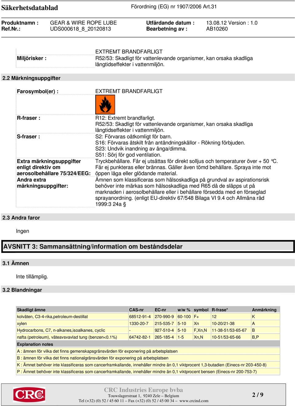 brandfarligt. R52/53: Skadligt för vattenlevande organismer, kan orsaka skadliga långtidseffekter i vattenmiljön. S2: Förvaras oåtkomligt för barn.