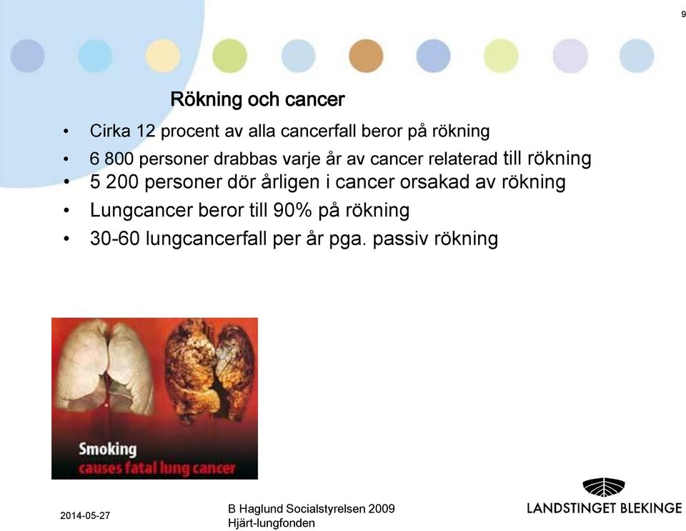 årligen i cancer orsakad av rökning Lungcancer beror till 90% på rökning 30-60